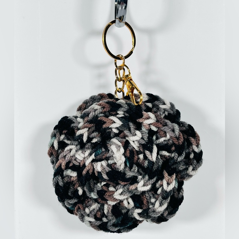 Crochet Espresso Flower Bag Charm With Gold Tone Hardware